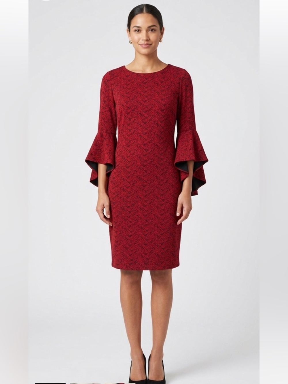 Red and black bell sleeves dress.